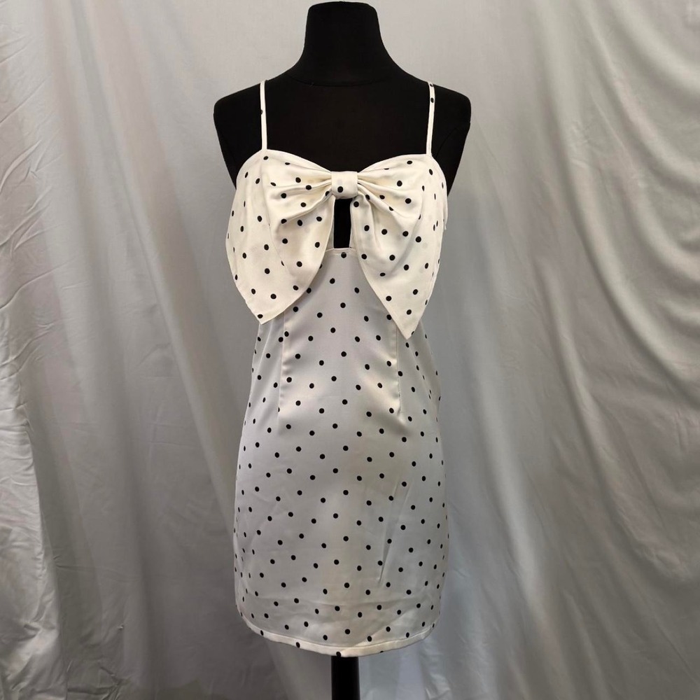 NWT Wild Fable Target Polka Dot Satin Bow Mini Dress Cream Black XS